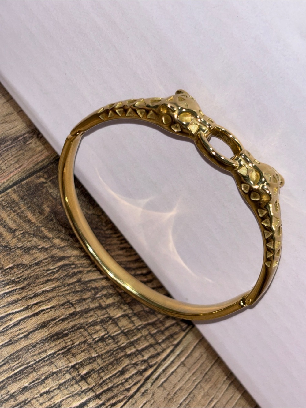 Gold Stainless Steel Leopard-Head Hinged Bangle Bracelet